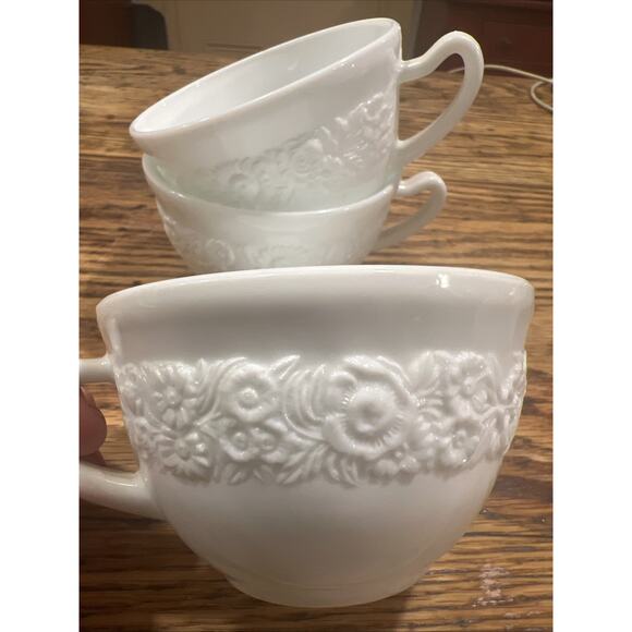 Vintage Vitrock White Milk Glass Teacups Floral Rose Embossed set of 3 - Picture 1 of 6